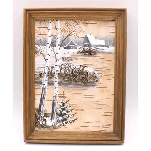 Hand-Painted on Bark Accented 3D Bark Winter Cabin Art Framed Signed 8x6" 1998